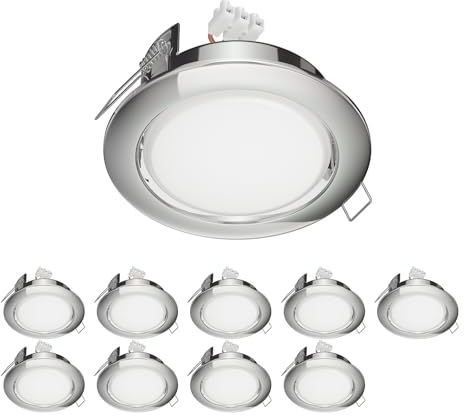 ledscom.de 10 Stück ED Einbaustrahler Zobe II flach GX53 chrom rund weiß 3-Stufen Dimmen ohne Dimmer 107mm Ø Lochkreis 90mm Ø