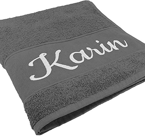 Handtuch mit Namen oder Wunschtext Bestickt, personalisiertes Duschtuch, individuelles Badetuch, 100% Baumwolle, 140 x 70 cm anthrazit