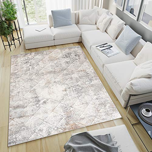 TAPISO Valley Teppich Kurzflor Hellgrau Grau Beige Quadrate Design Used Effekt Meliert Verwischt Wohnzimmer Schlafzimmer ÖKO-TEX 120 x 170 cm