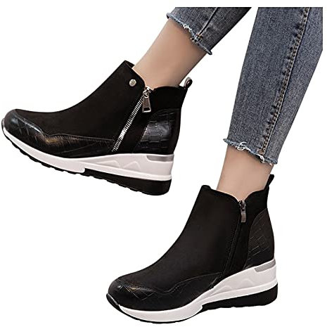 Binggong Botines de mujer con cuña y cremallera lateral para mujer, botas cortas clásicas, botines de cuña, plataformas, botines de tobillo para mujer