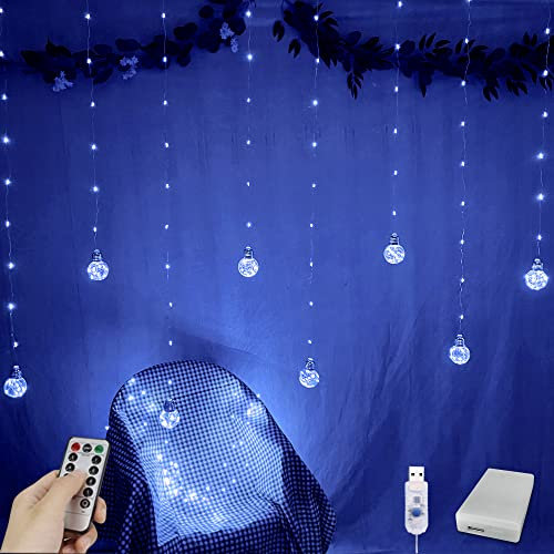 YOLIGHT Wishing Ball Curtain Lights 200 LED Window Curtain Lights with Remote, USB Battery Powered Twinkle Globe Fairy Lights for Wedding Party Bedroom Christmas Decoration (Blue)