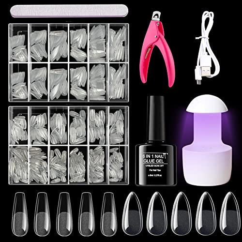 Capsule Americaine Ongle Kit, 480 Pièces Faux Ongles Capsules, 8ml 6 en 1 Colle et lampe LED, Nail Art Tools Gel Nail Extension