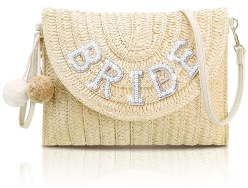 Pinkunn Bride Gift Straw Shoulder Bag Clutch Rhinestone Letter Purse Beach Bachelorette Honeymoon Wedding Bridal Shower, Brown