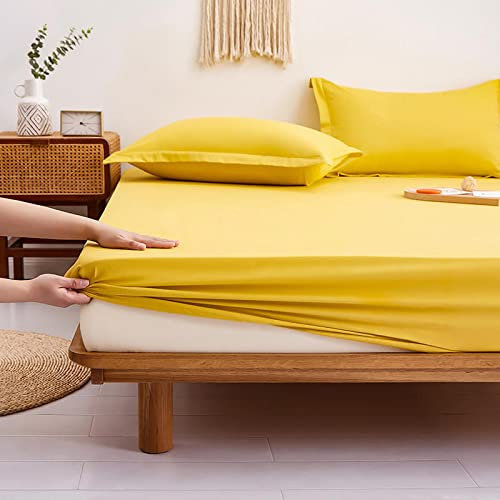 HAIBA Drap Housse Coton Cache sommier 150x200+30cm Drap Housse Qualité Supérieur Coton, Drap de lit en Jersey Extensible et trés Doux et Un Ajustement Parfait- Matelas Epais Jaune