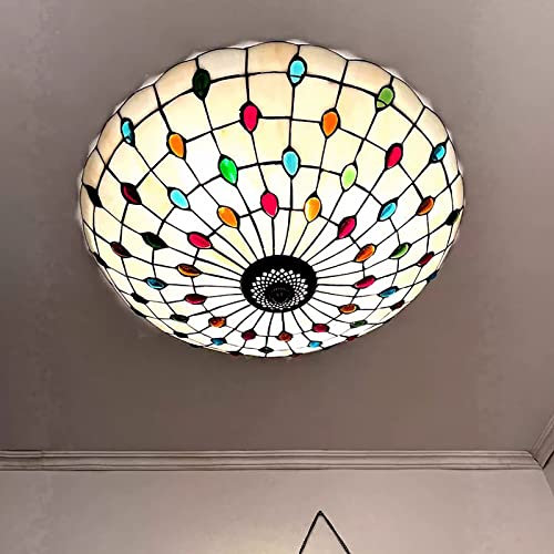 AIBOTY 16-Zoll-Buntglas-Deckenbeleuchtung im Tiffany-Stil, blau-weiße Kristallperlen, mediterrane Kücheninsel-Deckenleuchte für Schlafzimmer, Esszimmer, Wohnzimmer,Bunt