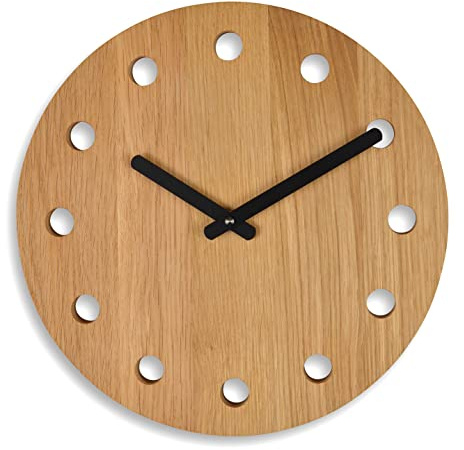 Natuhr Wanduhr Eiche geölt Holz - Dots - Massivholz, geräuscharmes deutsches Uhrwerk, puristisch, modern, 30 cm Durchmesser