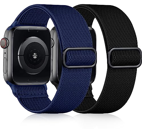 Easuny Cinturino Elastico Compatibile con Cinturino Apple Watch 42mm 44mm 45mm 49mm, Banda Nylon Morbida Regolabile per iWatch Series 9 8 7 6 5 4 3 2 1 SE Ultra per Donne Uomini, Blu/Nero