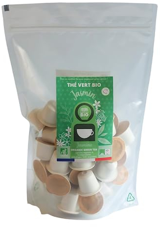 CAPSUL&BIO Thé Vert Jasmin Bio - Compatible avec les machines à Capsules Nespresso - Pochette de 50 Capsules Biodégradables, 100% Végétales - Rapide et Sain - Fabriqué en France.