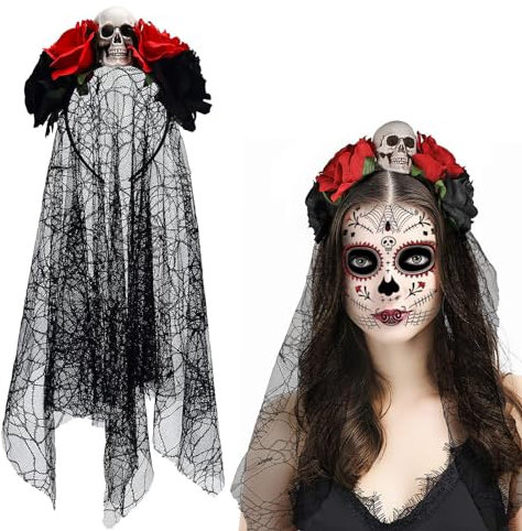 Ancuioyz Totenkopf Kostüm Schleier Blumen Stirnband, künstlicher Rosen Blumen Kopfschmuck Ostern, Stirnband Skelett Halloween Stirnband Damen, Halloween Party Kostüm Kopfbedeckung