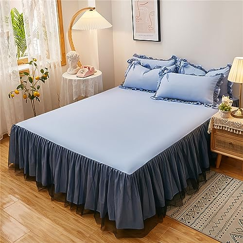 Odot Solide Farbe Bettrock Rüschen, Spannbettlaken mit Volant Elastische Bettvolants Matratzenschoner Spannbetttücher Spannbetttuch Bettlaken für Boxspringbetten (150x200cm,Hellblau)