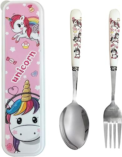 Unicorn Posate Bambini in Acciaio Inox, Set Posate Bambino 1 Forchetta Bambini e 1 Cucchiai Bambini per Bambino, con Unicorno Posate Custodia, Casa Scuola Uso, Adatto ai regali ai bambini