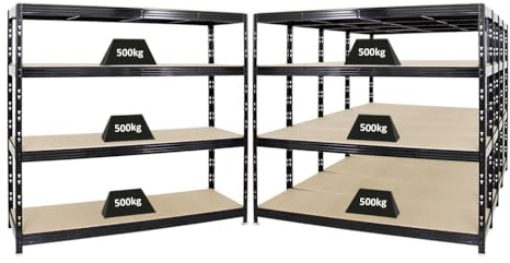 PROREGAL Mega Deal | 5X Profi Schwerlastregal Rhino | HxBxT 180x200x60cm | 4 Spanplatten-Ebenen 16mm | Fachlast 500kg | Schwarz | Garagenregal Lagerregal Steckregal Weitspannregal