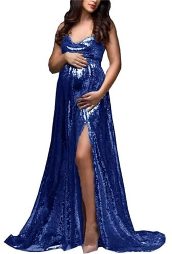 Morgenmantel für Mutterschaft Fotoshooting Perspektive Sheer Lange Robe Puffy Pailletten Robe Sheer WSXYF7, königsblau, XXL Große Größen