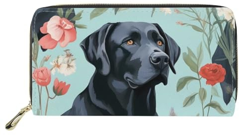 SANNOVO Damen-Geldbörse aus weichem Leder, weich, mit Reißverschluss, Reisebrieftasche mit Blumenmuster und Hundemotiv, Labrador Blume, Grün, 20cm(L)*2.5cm(W)*11cm(H), Kompakt