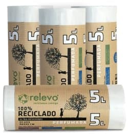 Relevo 100% Reciclado Bolsas Basura Perfumadas, con autocierre, extra resistentes 5 L, 80 bolsas