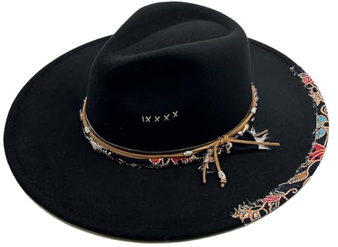 Wotfim Fedora-Hut mit großer breiter Krempe für Damen und Herren, Filz-Panamahut mit Band, Westernhut für den Außenbereich, Schwarz, M