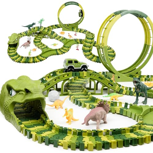 CELMAN Dinosaurier Spielzeug - Flexibles Rennbahn mit viele Teilen und Geländewagen, Autorennbahn Spielset für Kinder ab 3 4 5 6 7 8 Jahren Komplettset Geschenk (D-260)