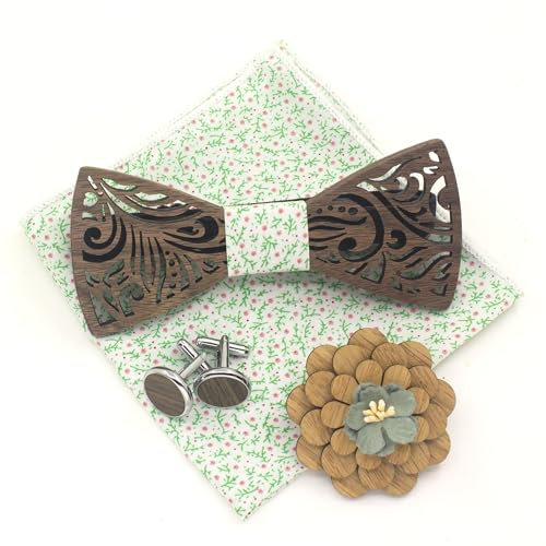 Cyriacus Fliege Set Holz, weißes Blumenmotiv, enthält Papillon und Manschettenknöpfe, quadratisches Halstuch und Korsage (4 PCS), geeignet für die Verwendung in mehreren Szenen