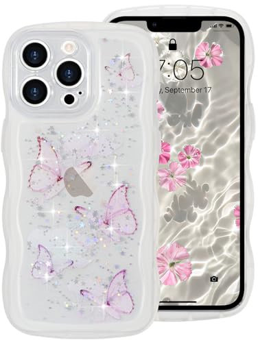 ROSEHUI for iPhone 14 Pro Max Case,Cute Butterfly Curly Wave Phone Case with Sparkly Glitter Bling Star,Clear Anti-Yellowing Camera Protection Soft TPU Shockproof Protective Cover for Girls-White