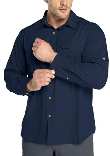 Outdoor Ventures Men's Shirts Safari Shirt Roll-Up Sleeve UV Shirts Quick Dry Lightweight Hiking Shirt with Pockets for Walking Fishing Travelling Navy Blue 4XL