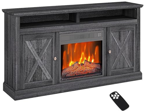 GarveeTech Farmhouse - Soporte de TV con chimenea eléctrica para televisores de hasta 58 pulgadas, centro de entretenimiento con control remoto de chimenea eléctrica de 23 pulgadas, armario de consola
