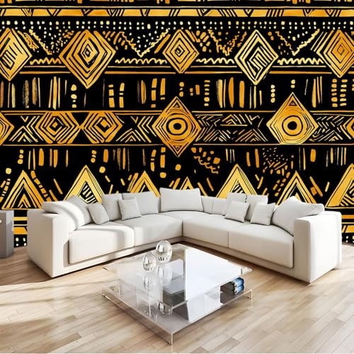 Photo Papier Peint 400 x 280 cm Intissé Murale Sombre Panoramique Poster Papier Peint Style Africain Motifs Tribaux Triangles Cercles Photo Murale Tenture Murale pour Appartement Décoration Salon