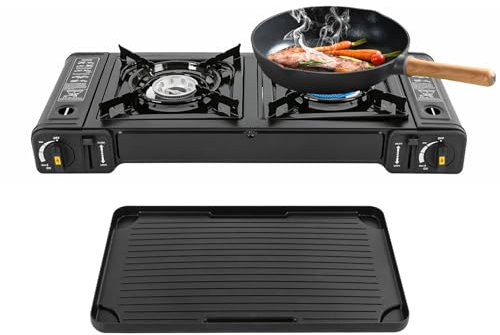 Levkitch Fornello da Campeggio Doppio Bruciatore, Cucina Portatile con Griglia e Custodia,Fornello a Gas a 2 fuochi, per picnic all'aperto (con piastra grill)