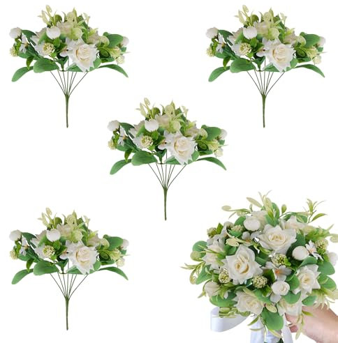 Hobyhoon 4 Bundles Artificial Rose Flowers Bouquets Fake Mini Silk Roses Bush with Foliage 7 flower heads Decor for Wedding Home Office Garden (White)