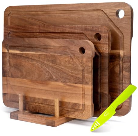 Set de 3 Tablas de Cortar de Madera de Acacia con Ranura para Jugo, Fácil de Colgar, Soporte y Cuchillo de Frutas Incluidos, Tabla de Cortar Doble Cara para Carne, Verduras y Queso.
