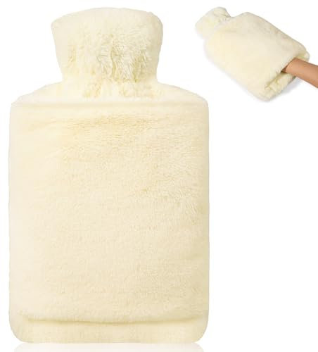 BOLEi Hot Water Bottle with Luxury Cosy Faux Fur Cover, 2L Leakproof Large Hot Water Bag for Neck, Shoulder Pain and Hand Feet Warmer, Ideal for Women, Seniors & Children (Light Yellow)