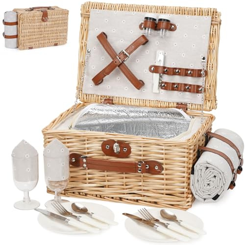 HEALSTOK Picknickkorb für 2 Personen - Isolierter Vintage Weidenkorb mit wasserdichter Matte & Besteckset Paare, Camping, Geburtstag oder Valentinstag (weiße Blumen)