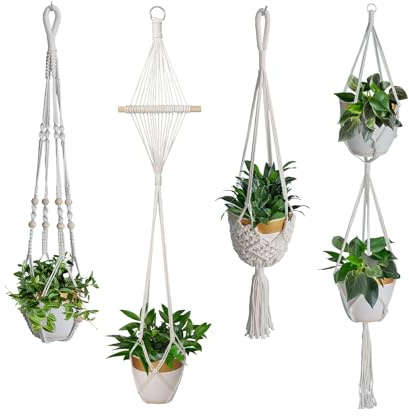 Myutrensty 4er Set Makramee Blumenampel, Baumwollseil Blumenampel Hängend Innen, Boho Deko Blumentopf Hängend für Garten Balkon Fenster Deko