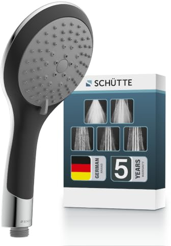 SCHÜTTE BROADWAY Handbrause, Duschkopf mit über 300 Düsen und 5 einstellbaren Strahlarten, brausekopf Dusche, Chrom/Schwarz