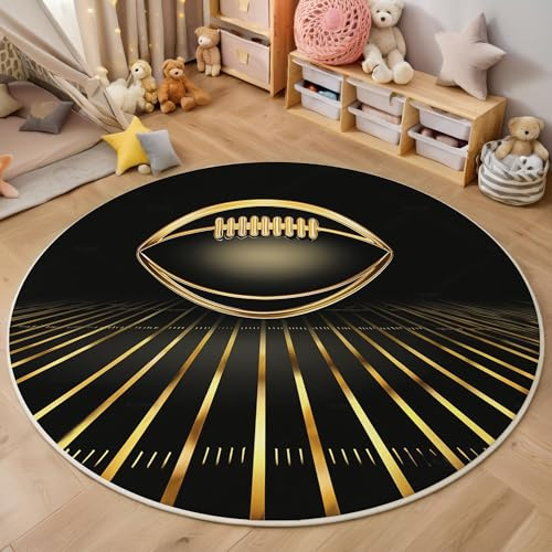 ZISTRCBAO Goldener American Football Teppich Wohnzimmer Rund 160cm, Sportthema Round Teppiche rutschfest Waschbare Weiche Sehr Geeignet Für Kinderzimmer Spielzimmer Eingangshalle, Gold
