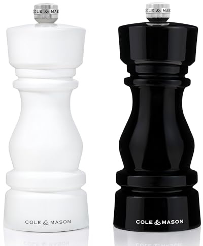 Cole & Mason London Salz und Pfeffermühle Set Einstellbarem Keramikmahlwerk | Pfeffer und Salzmühle mit Geschenkbox, Gewürzmühle, Einstellbarem Mahlgrad, Lebenslange Mechanik-Garantie, Schwarz/Weiß 15 cm