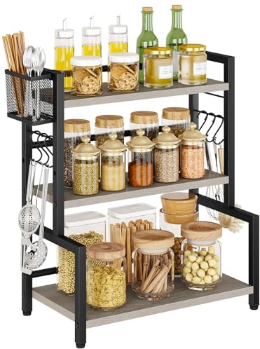 YMYNY Kitchen Spice Rack with Wire Basket, Countertop Shelf for Cabinet, Desktop Organiser with 6 Hooks, Storage Seasoning Rack for Spices, Jars, Oil Bottles Grey HSR006Y