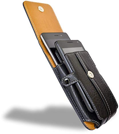 AXELENS Cover Porta Cellulare in Ecopelle – Custodia Universale per Due Smartphone da 5.2” a 6” Pollici – Chiusura Magnetica, Moschettone per Cintura, Porta Carte – Uomo Donna – Nera
