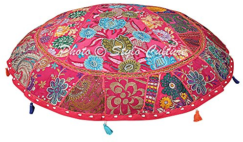 Stylo Culture Indisch Dekorativ Rund Bodensitzkissen Meditation 100x100 cm Groß Bodenkissenbezug Boho Vintage Dunkelpink Bohemien Patchwork Seat Lounge Baumwolle Bestickt Bodenkissen Bunt