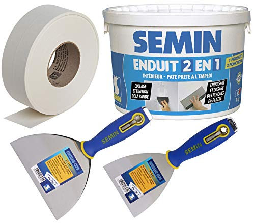 Semin Bande Joint pour Plaques de Plâtre - 75 m, Enduit 2 en 1 Multifonctions - Seau de 7 kg, Couteau à Enduire -10 cm et Couteau - 15 cm
