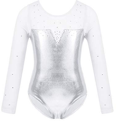 CHICTRY Metallic Turnanzug Mädchen Langarm Ballettanzug Strass Glitzer Gymnastikanzug Mesh Patchwork Tanzbody Wettbewerb Tanzkostüm Silber 146-152