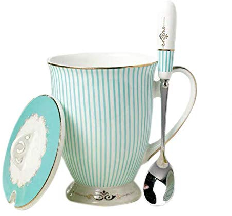 Eplze YBK Tech Euro Style Porcelain Tea Cup Coffee Mug with Lid for Breakfast Home Kitchen ((Stripe Pattern) (Cyan))
