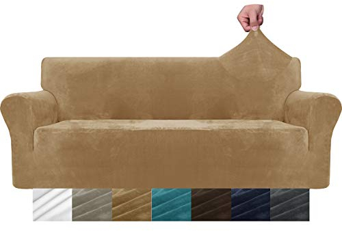 MAXIJIN Thick Velvet Sofabezüge 3-Sitzer Super Stretch rutschfeste Couchbezug für Hunde Katze Haustierfreundlich 1-teilige elastische Möbel Protector Plüsch Sofa Schonbezüge (3 Sitzer, Kamel)