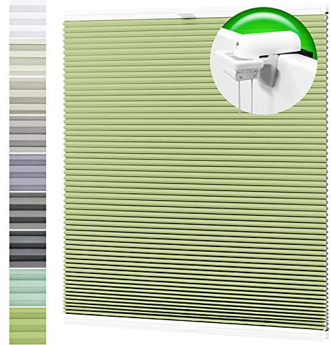 HORIVERT Wabenplissee Pistaziengrün 85x70 cm (B x H) mit Klemmträgern, mit Eco Dichtungspads, ohne Bohren, Doppelplissee | Plissee| Faltrollo, Weiße Rückseite, Klemmfix, leichte Montage mit Video