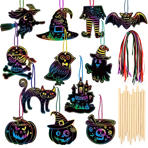 HOWAF 36pcs Kit de Scratch Art Halloween pour Enfants Dessin, Papier Gratter Artisanat pour DIY Halloween Décoration Ornement Cadeaux Étiquette, Chauve Souris Fantôme Citrouille Crâne Sorcière Hibou