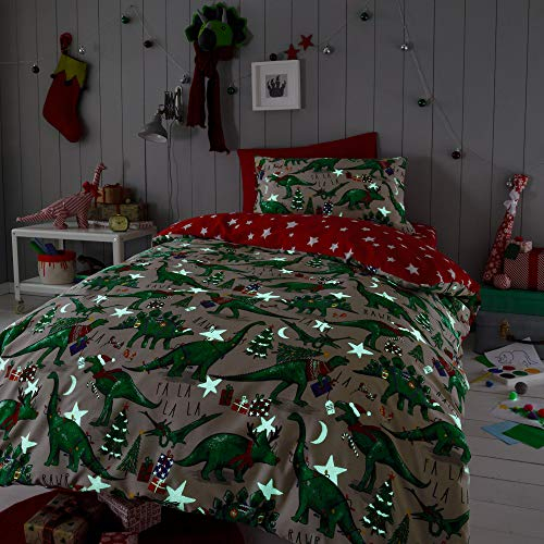 Happy Linen Company Mädchen/Jungen Bettwäsche-Set - mit weihnachtlichen Dinosaurier-Motiven - wendbar - im Dunkeln Leuchtend - Taupe/Naturfarben - Einzelbett