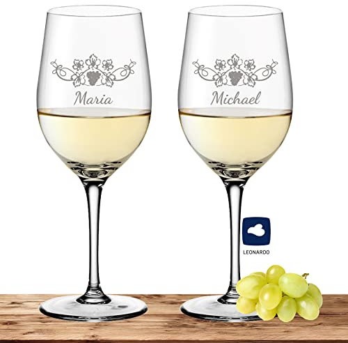Deitert Leonardo Weißweinglas-Set mit Namen oder Wunschtext graviert, 2er-Set, 300ml, Ciao+, personalisiertes Premium Weinglas in Gastroqualität, (Weinrebe)