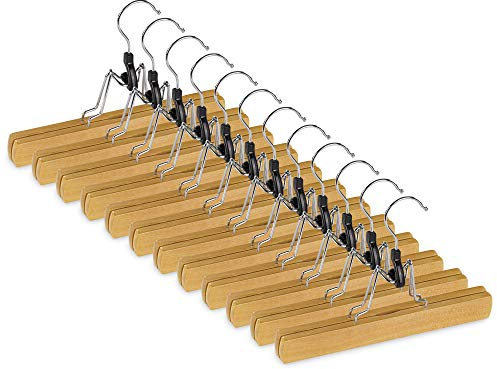 bomoe 12er Set Hosenbügel Natur Bügel Hosenspanner aus Massivholz FSC® Zertifiziert Hosen Kleiderbügel Holzklemmbügel mit Rutschfester Filzeinlage Haken verchromt 360°drehbar Holzbügel Ole