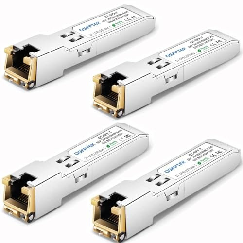 QSFPTEK (4 Pezzi) 10/100/1000BASE-T SFP RJ45 100m Modulo Connettore Gbic Gigabit Modulo di Rame di Copper Transceiver per Cisco GLC-T/SFP-GE-T/GLC-Ta, Mikrotik SRJ01, Supermicro, Portata 100m