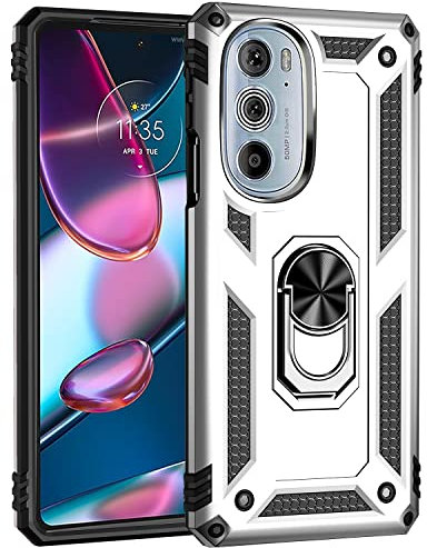 BestST Cover per Motorola Moto Edge 30 PRO/Edge+ 2022,+ Vetro Temperato, Custodia per Motorola Moto Edge 30 PRO Cover a 360°Girevole Ring Hybrid Armor Bumper TPU Case Protettiva Shell,Argento