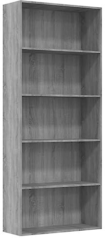 vidaXL Bücherregal, Bücherschrank mit 5 Fächern, Büroschrank für Schlafzimmer Wohnzimmer Büro, Standregal Aktenschrank, Grau Sonoma Holzwerkstoff